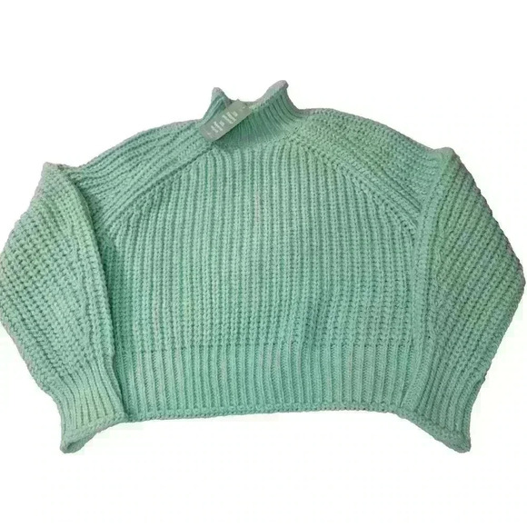 H&M Sweater Chunky Knit Womens Medium Green Mock Neck Crop - Picture 3 of 14